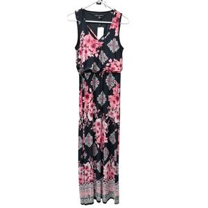 Three Pink Hearts Black Floral‎ Maxi Dress Women's Size M V-Neck Sleeveless